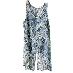 Lush XS Sleeveless Sheer Open Back Blue White Print High Low Top EUC